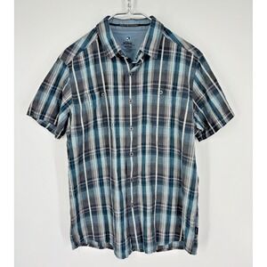 Kuhl Shirt Mens M Blue Plaid Linen Blend Button Up Short Sleeve Hiking Camping